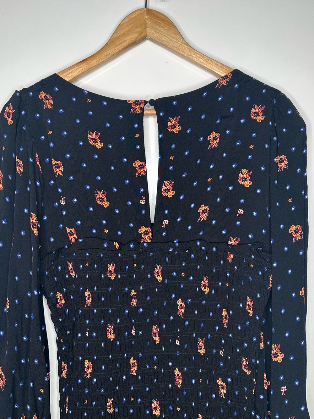 Free People Two Faces Smocked Mini Dress Black Floral Long Sleeve Large - Picture 4 of 9
